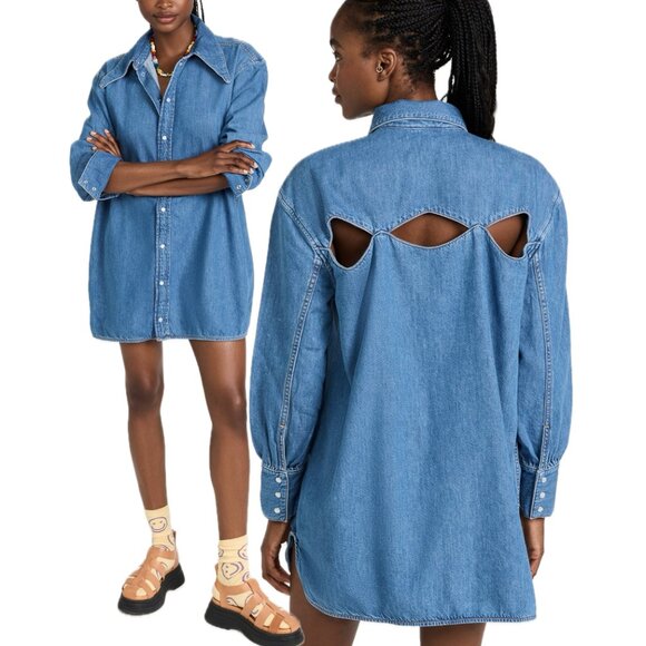 GANNI Cutout-Back Cotton-Blend Button-Up Denim Shirt Dress (Mid Blue Vintage)